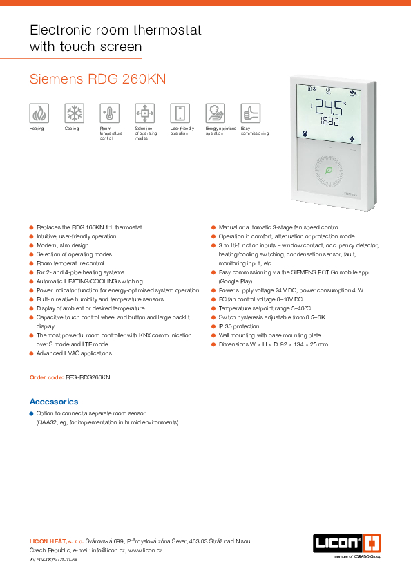 Leaflet Termostat Siemens RDG 260KN